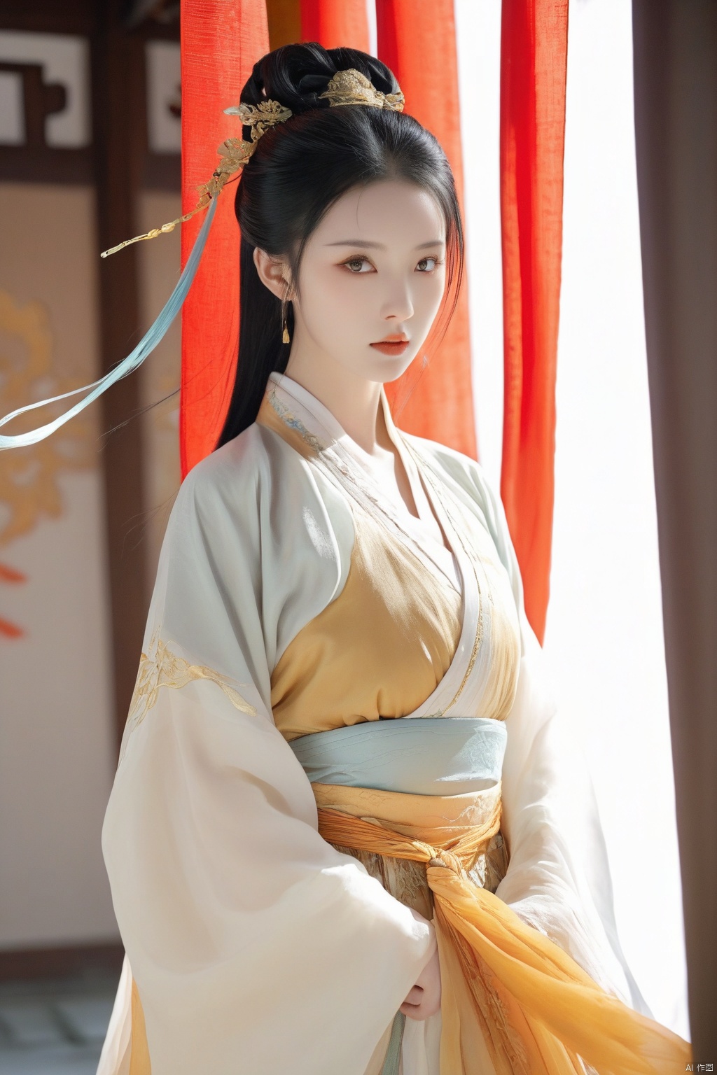 1 Girl,
Black hair, golden eyes, long ponytail, Tang sword in hand,
Front, full body, fine costume details, Hanfu, shoes
Ancient Chinese architecture,
With silk curtains covering your face, zen graphics,
Chinese knot, cloud, breeze