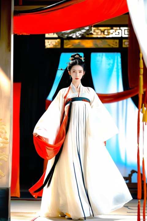 masterpiece,best quality,high quality,8k,
1 Girl,
Black hair, golden eyes, long ponytail, hands, Tang Dao
Front, full body, fine costume details, Hanfu, shoes
Ancient Chinese architecture,
And cover your face with a silk curtain, leaving plenty of white space, zen graphics,
Chinese knot, cloud, breeze