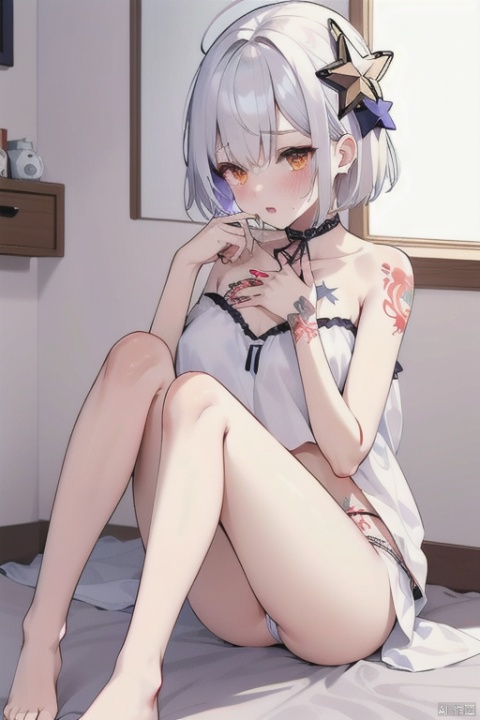Girl with short hair, orange eyes, tattoo on neck, white hair, star hair ornament, bottomless, hands on own stomach, stained panties, panties around ankles, cum in nose,lying,male on futa