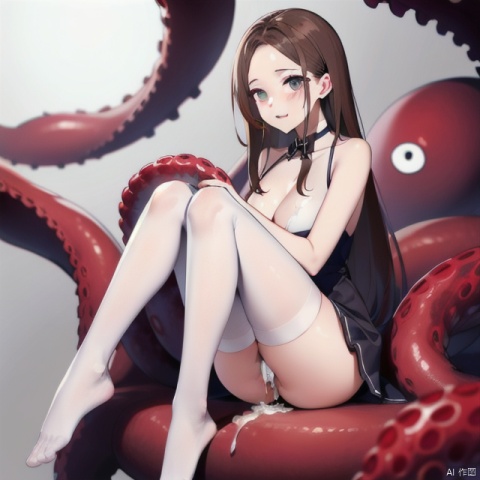 Brown hair, round head,bare legs,sitting on lap,white thighhighs,cum on feet,1girl,tentaclejob