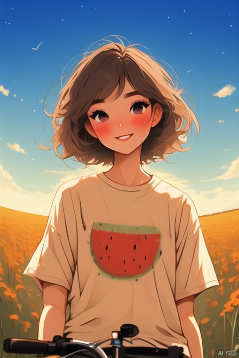 field,sky,fisheye,t-shirt,short hair,blush,head tilt,bicycle,watermelon