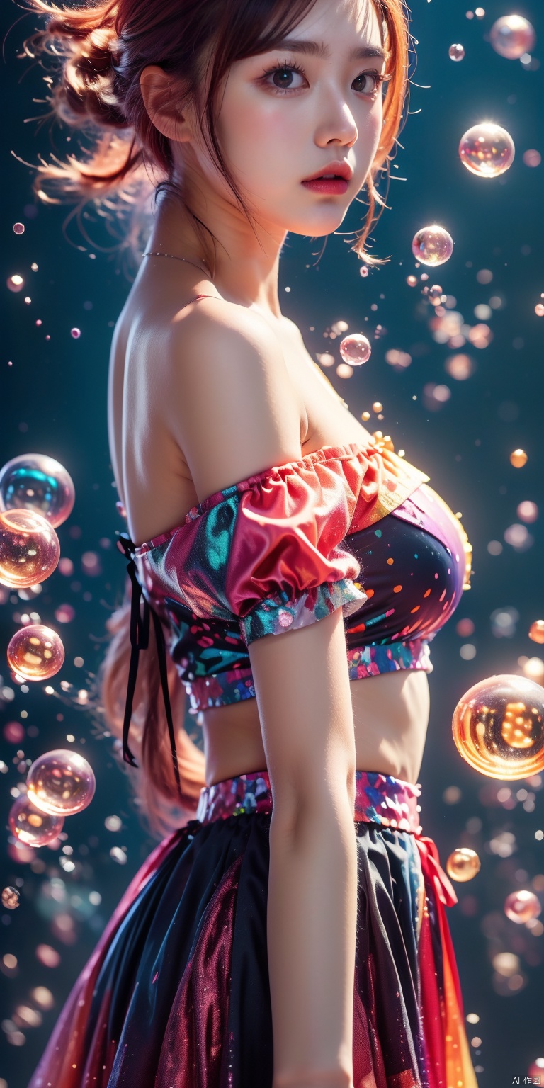  Colorful Girl, 1Girl,Colorful bubbles, multi colored bubbles,Close up, sideways, upper body, above buttocks, off the shoulder, strapless dress, black thin suspender, looking at the camera, short hair, purple gradient hair, gradient background, colorful bubble background, depth offield,hand,流光