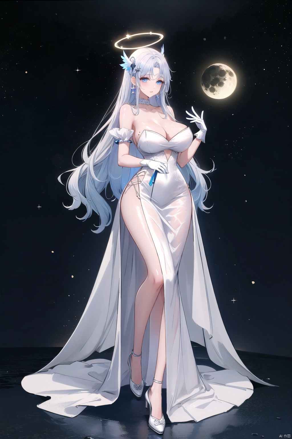  Extra large breasts,halo,long hair,blue hair,hair ornament,earrings,mole,blue eyes,jewelry,white gloves,bare shoulders,white dress,strapless dress,head wings,hand on own chest,Highest quality,very detailed,(A girl),full body,single focus,white hair,long hair,moon,the moon,princess dress,glowing starry sky,glowing palace