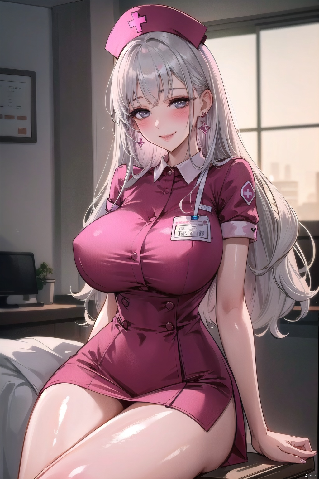  Extra large breasts,1girl, solo, long hair,looking at viewer, blush, smile, bangs, hat, dress, jewelry, sitting, closed mouth, white hair, short sleeves, earrings, indoors, blurry, lips, grey eyes, buttons, blurry background, wavy hair, red dress, pink dress, nurse cap, name tag, collared dress, nurse