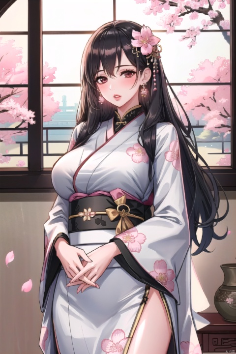  Extra large breasts, 1girl, solo, black hair, earrings, jewelry, flower, looking at viewer, sash, floral print, hair ornament, shawl, window, red lips, chinese clothes, indoors, own hands together, pink flower, lips, long sleeves, cherry blossoms, hanfu, kimono, parted lips, petals, japanese clothes