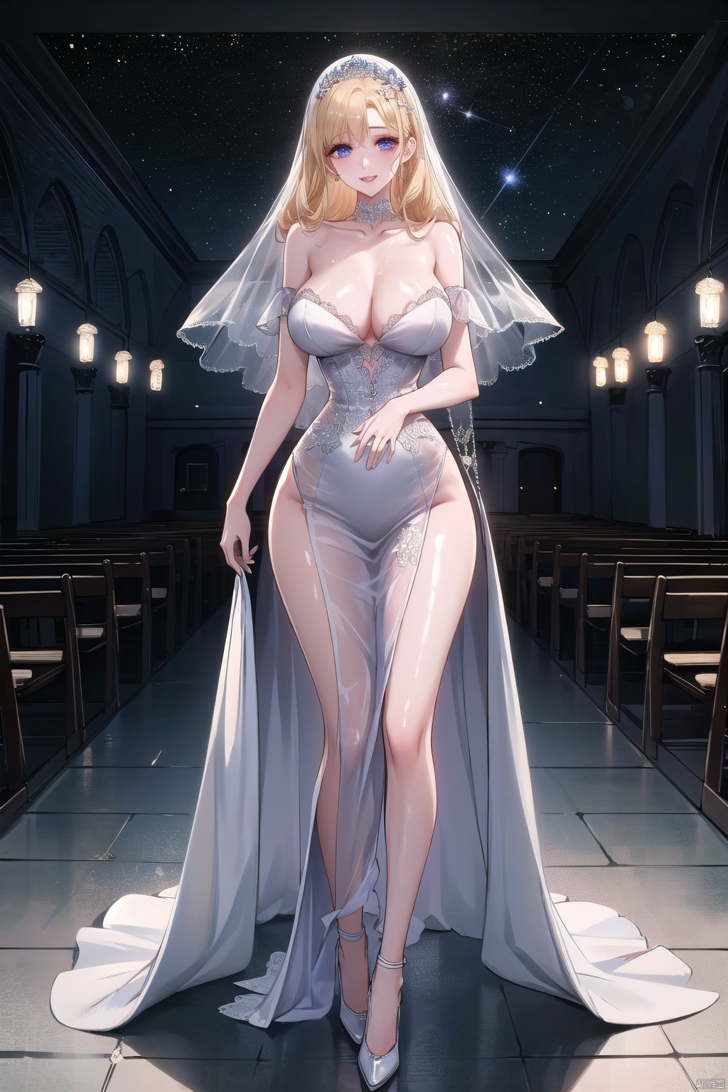  Extra large breasts,In the surreal wedding scene, a girl stood in the church at night, wearing a lavender haute couture wedding dress, shining like a goddess of stardust. The dark blue dress twinkling in the light, fluffy like the stars flowing, the veil light, stardust embellished, creating a mysterious atmosphere of dream. Under her delicate makeup, her eyes are full of anticipation and happiness. As she moved toward the center, every step was dignified and elegant, and every smile was dramatic and hard to look away from. This wedding dress is not only a garment, but also a work of art, combining the designer's pursuit of beauty and happiness to create an unforgettable surreal wedding scene. (Panoramic view, full body, hands down), fanxing
