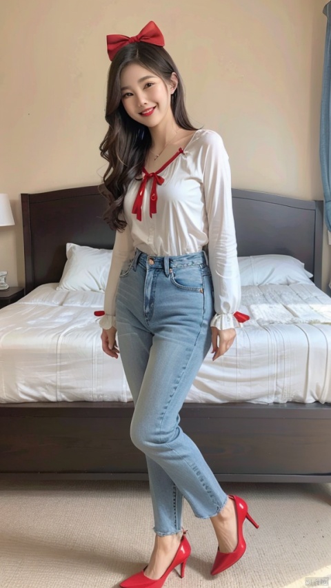 bedroom,long sleeves,bow,jeans,high heels,long hair,smile,solo,full body