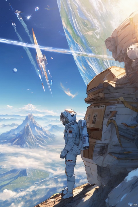 ambiguous gender, blue sky, building, claws, earth \(planet\), kehuan, light rays, mountain, multiple boys, no humans, scenery, space, spacesuit, traditional media, yuhang, yuhang,Kehuan, 