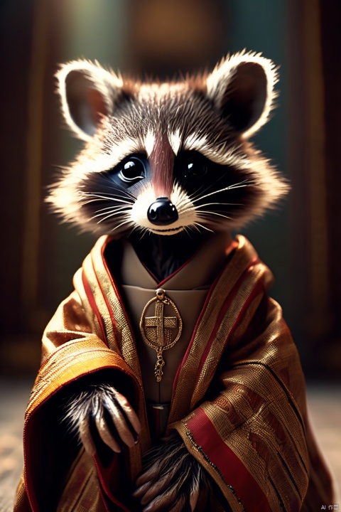 A cinematic shot of a baby racoon wearing an intricate italian priest robe
