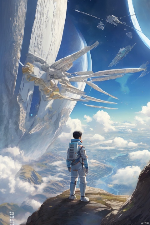 ambiguous gender, blue sky, building, claws, earth \(planet\), kehuan, light rays, mountain, multiple boys, no humans, scenery, space, spacesuit, traditional media, yuhang, yuhang,Kehuan, 