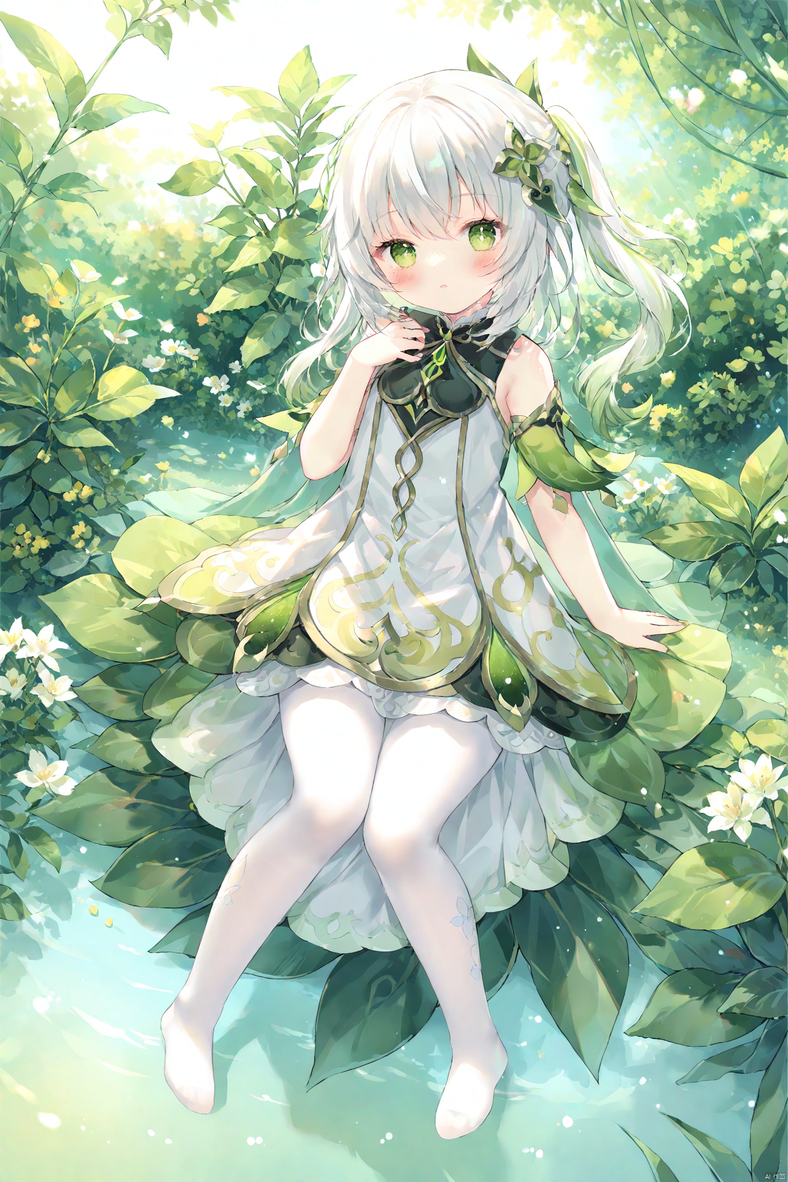 masterpiece,best quality,high quality,(colorful),[Artist onineko],[Artist chen bin],[Artist agwing86].white pantyhose,no shoes,watercolor,masterpiece,best quality,extremely detailed,1girl,full body,beautiful detailed eyes,cute anime face,full body,beautiful detailed face,white hair,(Botanical illustration:1.5),white dress,1 girl,ziyi,(\na ** tan\),genshin impact,