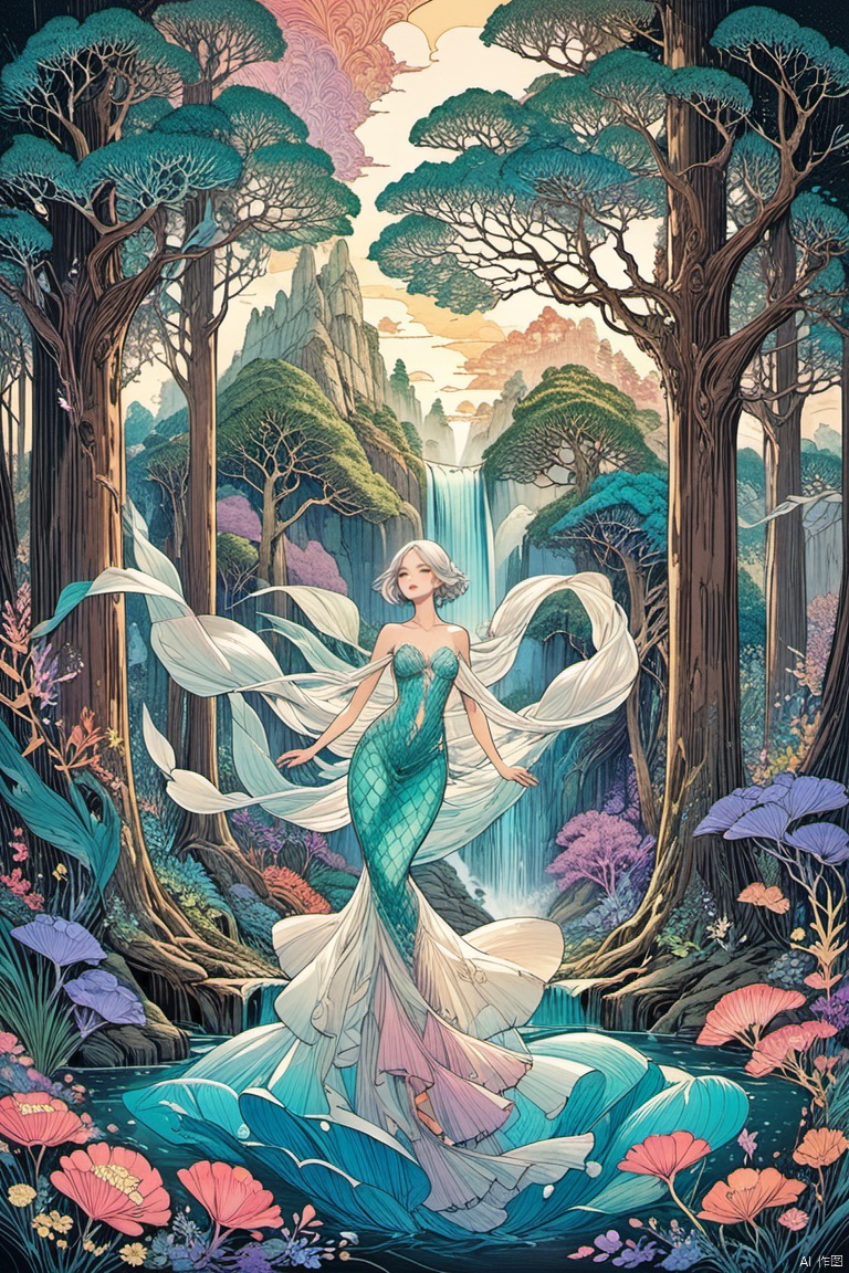A masterpiece of line art, showcasing a solo 1girl figure with short white hair, dressed in a flowing, transparent gown, shawl fluttering behind her as she soars through an enchanted outdoors setting. The scenery features a majestic waterfall, towering trees, and whimsical abstract shapes, all blending together in a kaleidoscope of colors. The woman's short hair flows like the wind as she glides effortlessly against a dreamlike, otherworldly backdrop,mermaid,