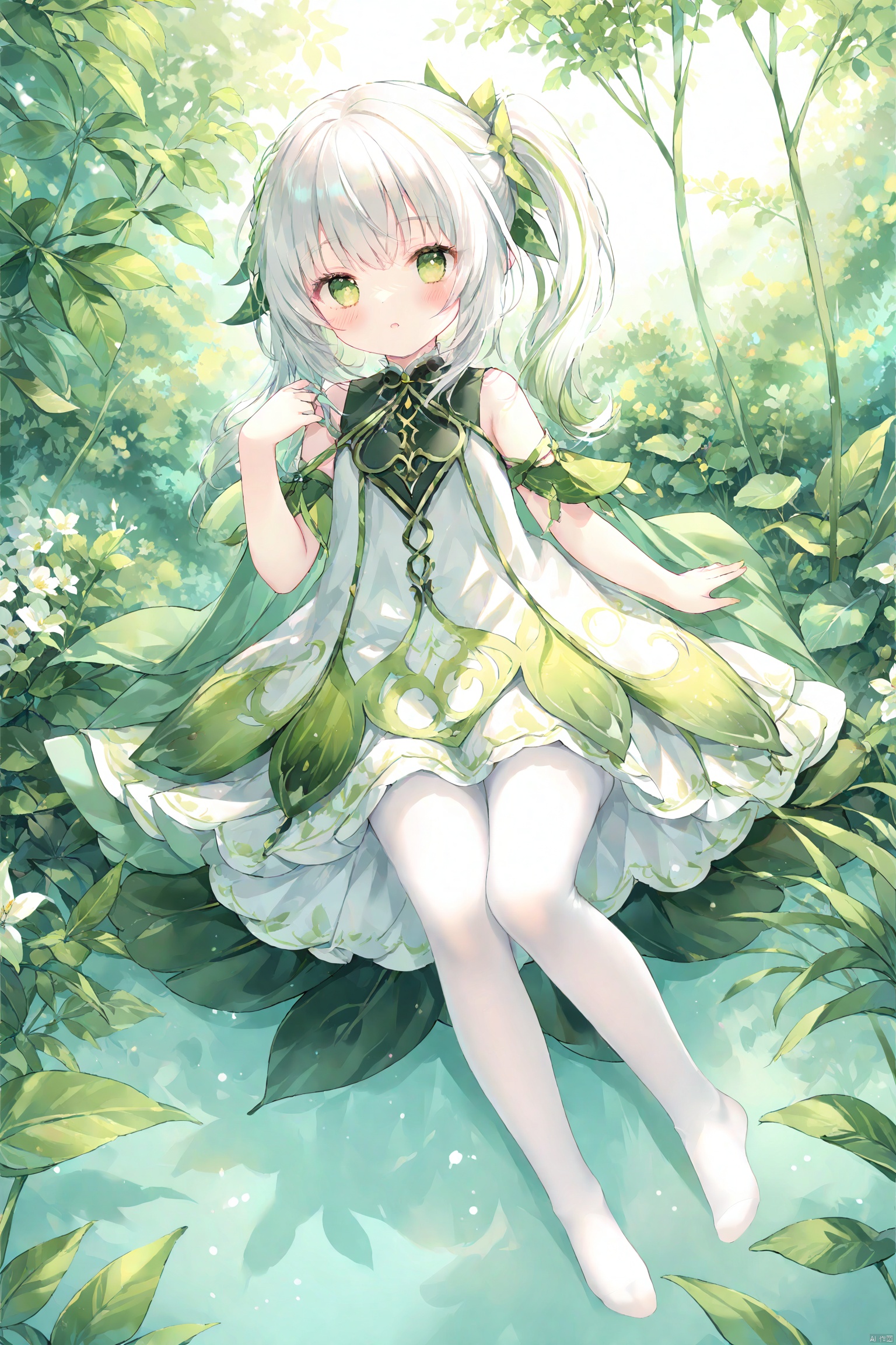 masterpiece,best quality,high quality,(colorful),[Artist onineko],[Artist chen bin],[Artist agwing86].white pantyhose,no shoes,watercolor,masterpiece,best quality,extremely detailed,1girl,full body,beautiful detailed eyes,cute anime face,full body,beautiful detailed face,white hair,(Botanical illustration:1.5),white dress,1 girl,ziyi,(\na ** tan\)