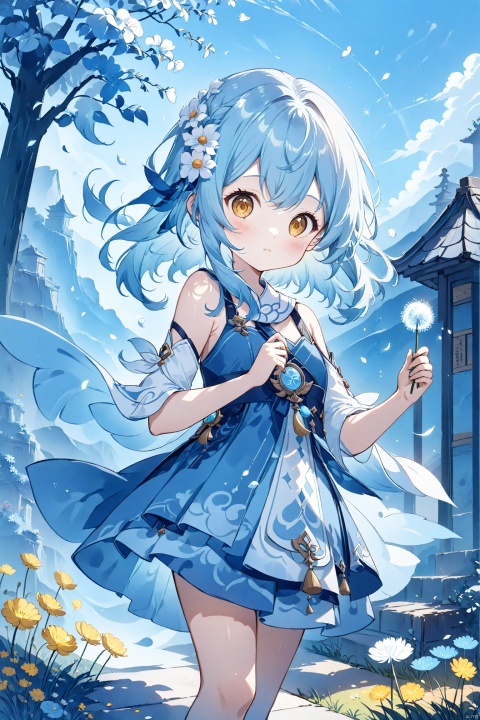  blue theme,Tie dyeing,A girl holding a dandelion flower, wearing a blue dress with white dots and yellow flowers on it, blowing away small petals in the style of light skyblue and pale aquamarine illustrations, a simple line drawing reminiscent of children's book illustrations and storybook art, with colorful cartooning and playful character design,lumine,genshin impact,