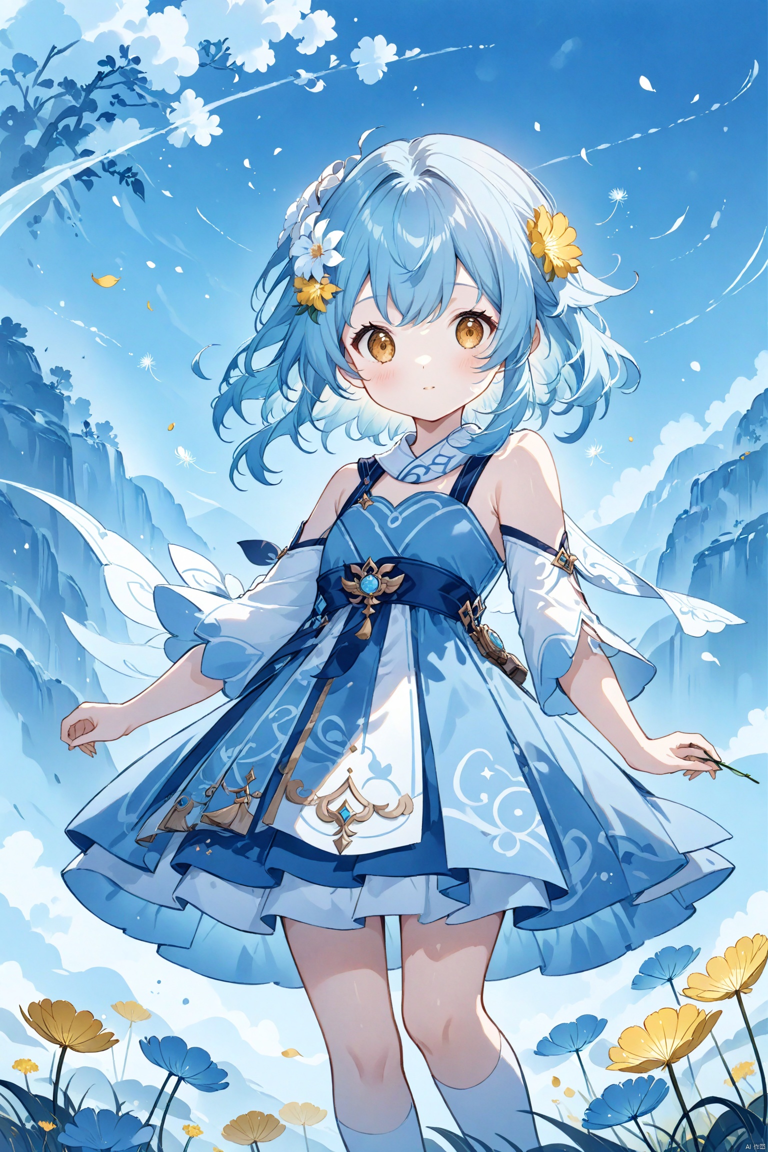  blue theme,Tie dyeing,A girl holding a dandelion flower, wearing a blue dress with white dots and yellow flowers on it, blowing away small petals in the style of light skyblue and pale aquamarine illustrations, a simple line drawing reminiscent of children's book illustrations and storybook art, with colorful cartooning and playful character design,lumine,genshin impact,