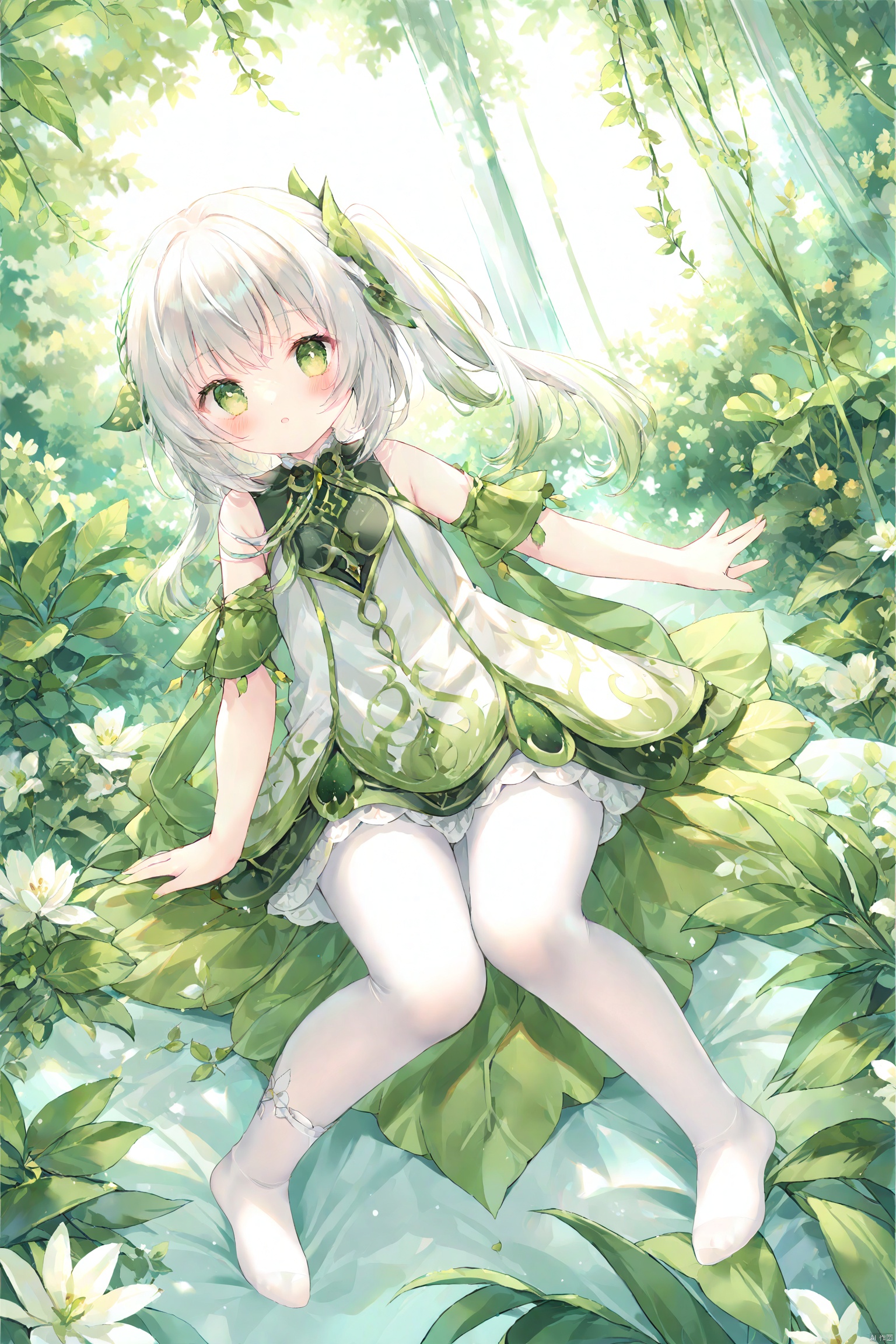 masterpiece,best quality,high quality,(colorful),[Artist onineko],[Artist chen bin],[Artist agwing86].white pantyhose,no shoes,watercolor,masterpiece,best quality,extremely detailed,1girl,full body,beautiful detailed eyes,cute anime face,full body,beautiful detailed face,white hair,(Botanical illustration:1.5),white dress,1 girl,ziyi,(\na ** tan\)