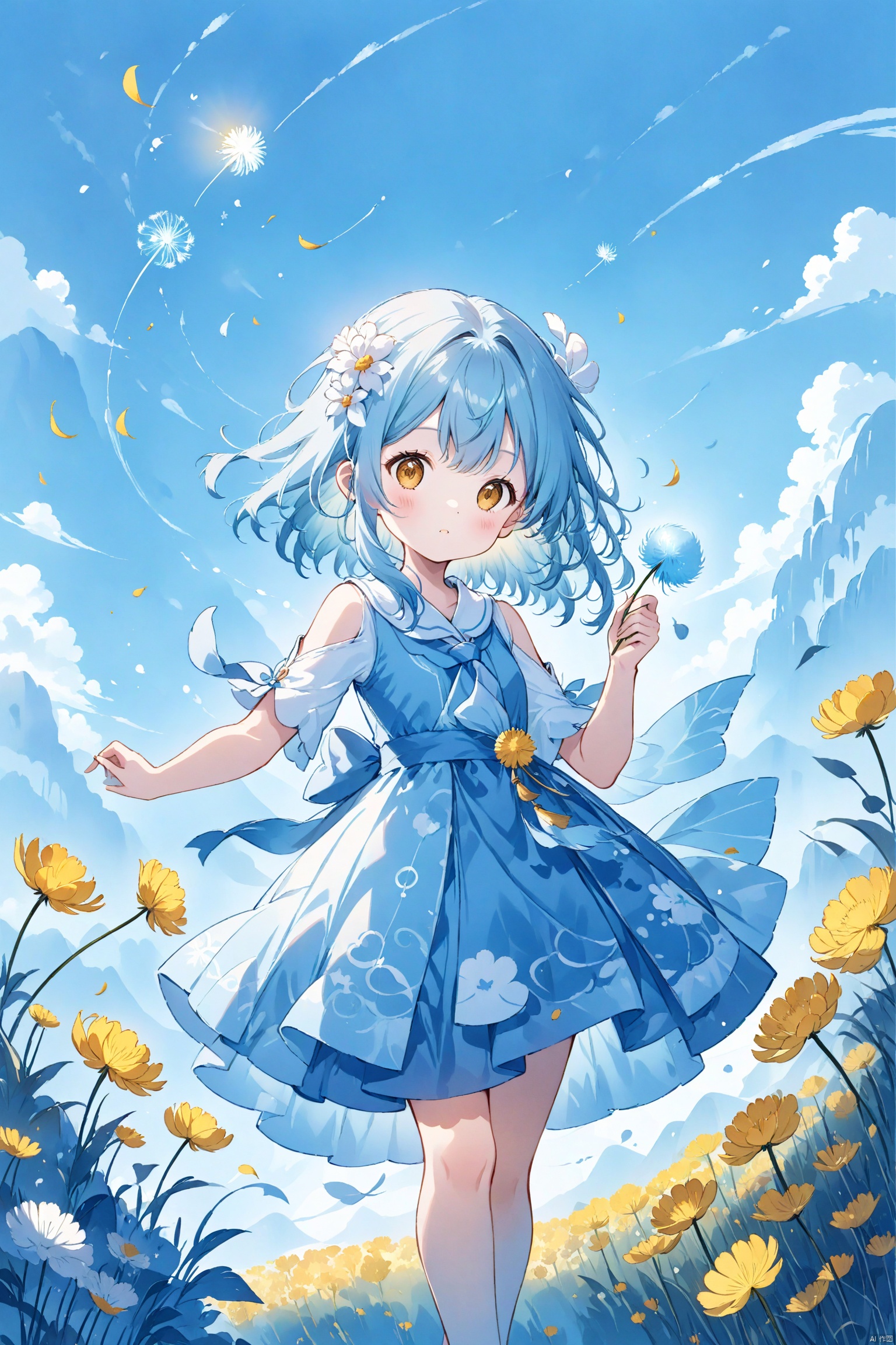  blue theme,Tie dyeing,A girl holding a dandelion flower, wearing a blue dress with white dots and yellow flowers on it, blowing away small petals in the style of light skyblue and pale aquamarine illustrations, a simple line drawing reminiscent of children's book illustrations and storybook art, with colorful cartooning and playful character design,lumine