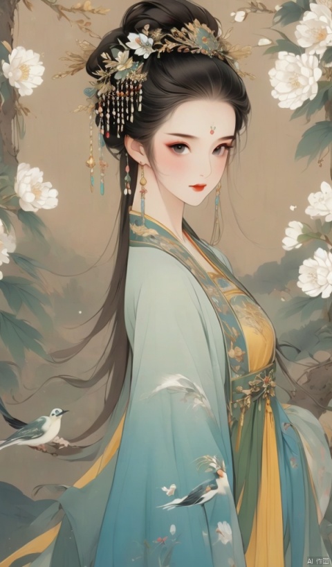 Vertical painting,Black hair and yellow clothes,Ancient Chinese women,A pretty woman,
Abundant body shape,Beauty tip,Chinese classical beauties,Facial delicacy,Chinese Empress
, bpwc,hanfu , hair ornament , chinese clothes,TSChinesestyle