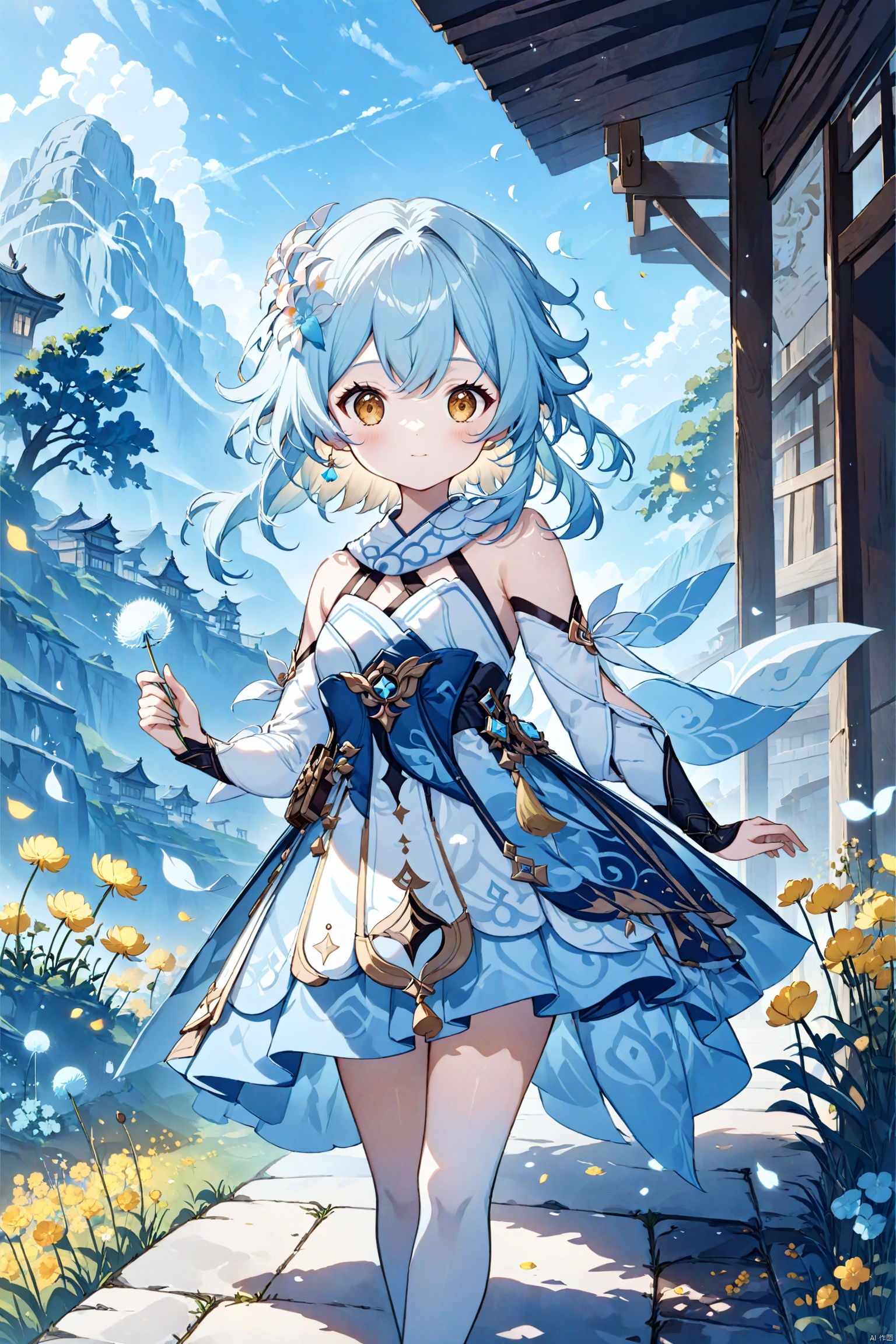  blue theme,Tie dyeing,A girl holding a dandelion flower, wearing a blue dress with white dots and yellow flowers on it, blowing away small petals in the style of light skyblue and pale aquamarine illustrations, a simple line drawing reminiscent of children's book illustrations and storybook art, with colorful cartooning and playful character design,lumine,genshin impact,lumine \(genshin impact\)