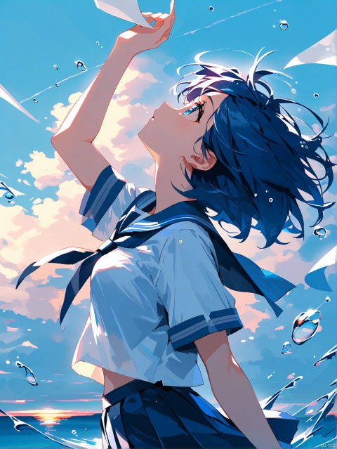 masterpiece,impasto,1girl,solo,headphones,short hair,skirt,school uniform,blue skirt,sailor collar,serafuku,sky,blue hair,neckerchief,short sleeves,blue eyes,white shirt,shirt,water drop,cloud,blue sailor collar,pleated skirt,from side,paper,black neckerchief,parted lips,day,profile,arm up,looking up,dusk