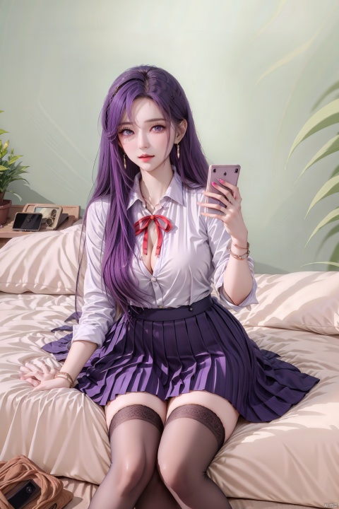  1girl,solo,long hair,breasts,looking at viewer,skirt,shirt,thighhighs,ribbon,holding,cleavage,jewelry,sitting,school uniform,purple eyes,white shirt,purple hair,pleated skirt,earrings,black thighhighs,indoors,bag,bracelet,red ribbon,pillow,bed,on bed,phone,cellphone,smartphone,between legs,purple skirt,hand between legs,shirt tucked in,, 1girl, yunxiao