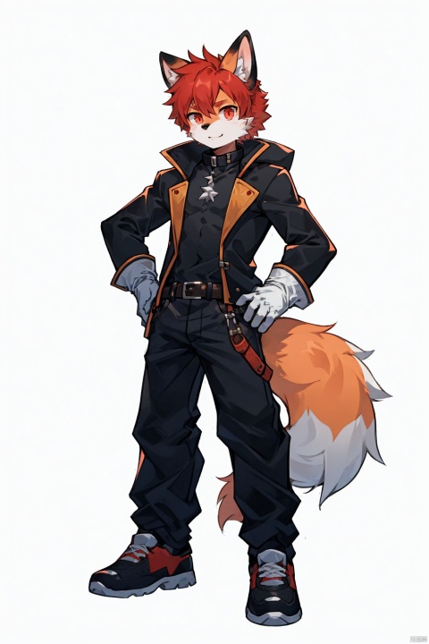 solo, simple background, red eyes, gloves, 1boy, white background, animal ears, standing, tail, full body, male focus, belt, pants, white gloves, coat, hand on hip, furry, furry male