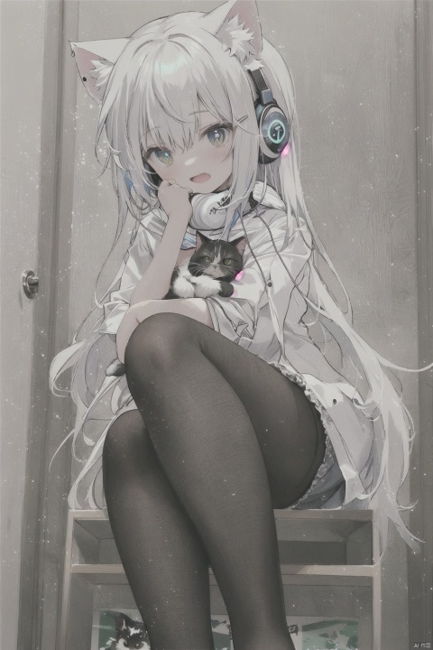 A girl with white hair, cat ears, and longest cat tail stands in front of a colorful poster featuring some cats. She wears a thin_cropped-shouldered white shirt and headphones around her neck and at the cat's ear. Her bright pupils are medium-sized and seem to gleam with excitement. Her long legs and thin thighs are posed mid-collision, knees almost touching. Her mouth is open in a silent scream as her ears droop down. She wears a hair ornament and her longer-than-usual hair flows behind her.  focusing on her slender feet.longest_hairs,foot focus,large_boobs