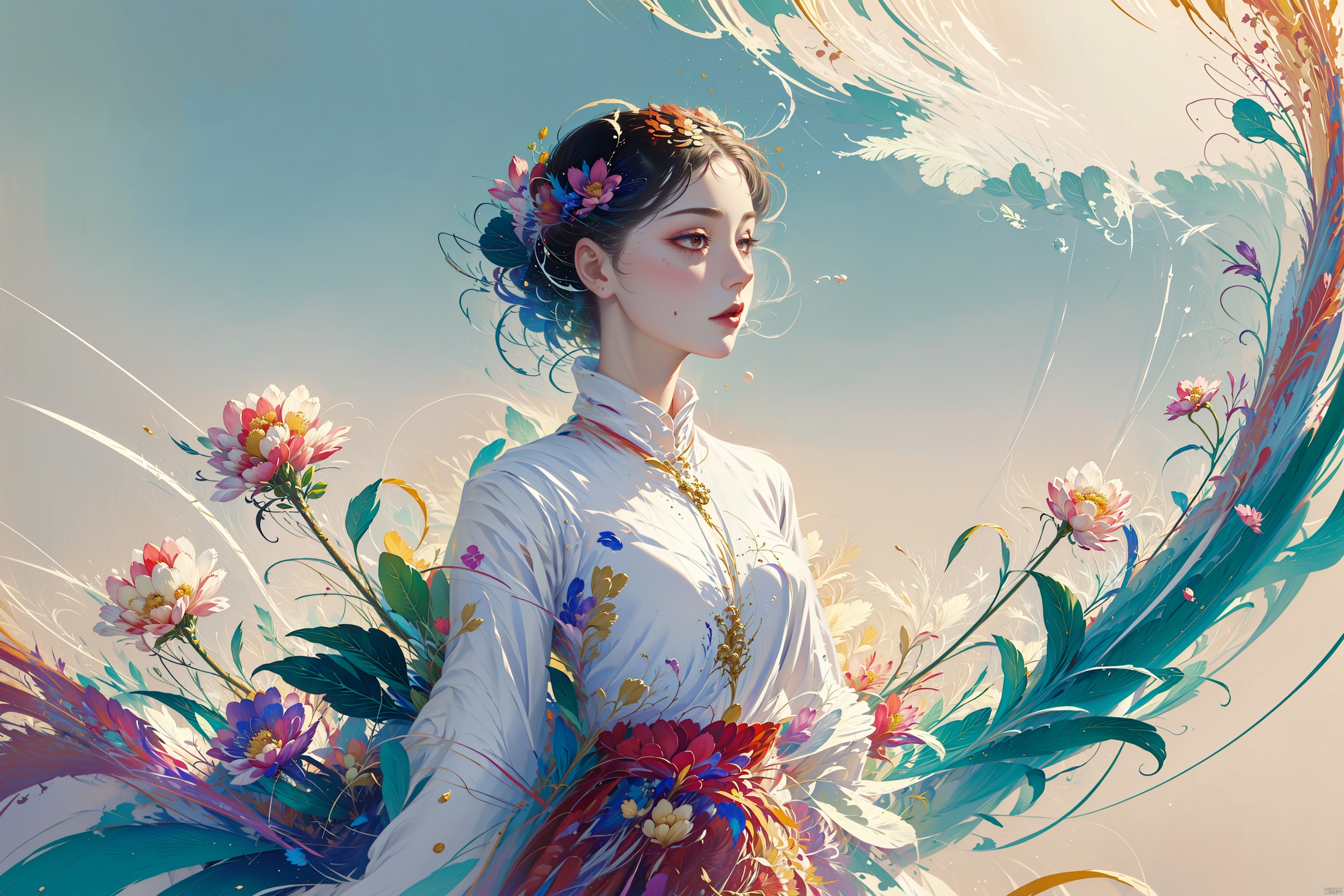 anime,(masterpiece, top quality, best quality, official art, beautiful and aesthetic:1.2),(1girl),upper body,extreme detailed,(fractal art:1.3),colorful,flowers,highest detailed,1 girl,glowing,skirt,shirt, Thighs, ((poakl)), TT