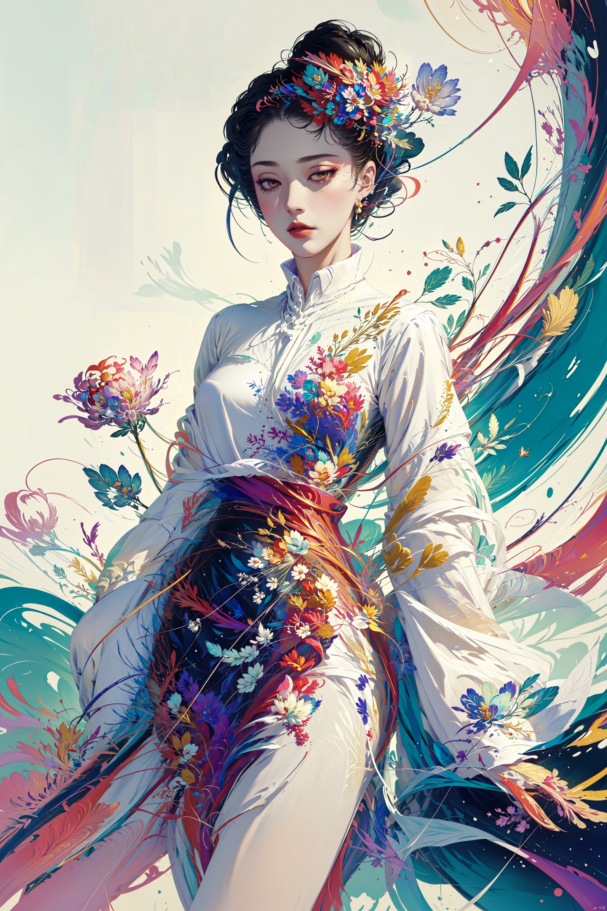 anime,(masterpiece, top quality, best quality, official art, beautiful and aesthetic:1.2),(1girl),upper body,extreme detailed,(fractal art:1.3),colorful,flowers,highest detailed,1 girl,glowing,skirt,shirt, Thighs, ((poakl)), TT