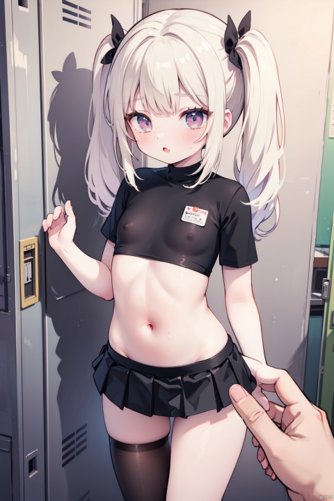  short pigtails, long hair, white shirt pigtails, short skirt, black shirt skirt, flat chest, small breasts, tight black crop top, show breasts,  lewd, nsfw, seductive, cumming , shiny skin, shiny body, self grope, school locker room, locker room, 1girl, pale skin, nice thighs, pov, thigh highs, ejaculation, hands behind back,