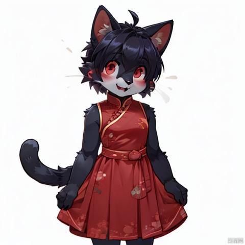 1girl, solo, smile, short hair, open mouth, simple background, red eyes, white background, dress, animal ears, standing, tail, full body, sleeveless, cat ears, flat chest, cat tail, :3, sleeveless dress, chinese clothes, red dress, happy, cat girl, china dress, furry, side slit, furry female, body fur, white fur, forehead jewel, animal nose