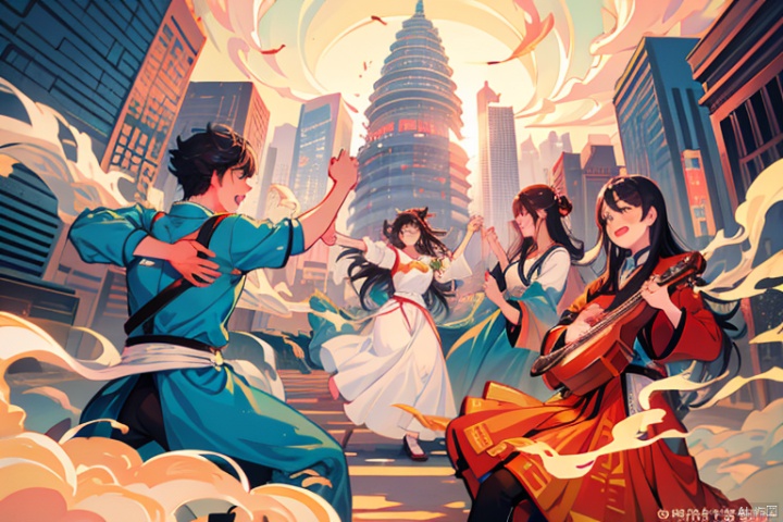 A group of young people in a cityscape with prominent landmarks of the Guangdong-Hong Kong-Macao Greater Bay Area,such as the Guangzhou Tower,the Hong Kong-Zhuhai-Macao Bridge,and others.,The young people are expressing their talents and aspirations in different ways,such as playing traditional Chinese instruments,dancing,reading,drawing,and using modern technology.,The illustration is in a cartoon style with exaggerated and symbolic elements,(such as bright colors:1),dynamic poses,(and expressive faces.,The illustration conveys a sense of youth and vitality:1.1),as well as the theme of “Forge ahead on a new journey,youth take responsibility”,guochao