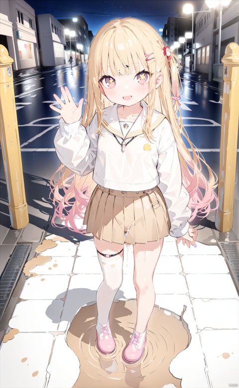 (nsfw:1.1),best quality,masterpiece,highres,original,perfect details,(beautiful detailed background:1.1),(solo),(full body:1.1),(loli:1.5), (depth of field),looking at viewer, ( Standing on puddle at the school gate, waving, hand up, pigeon-toed :1.4),(pectoral squeeze),( asymmetrical design),blush ,(medium breasts:1.1),( pussy juice trail, pussy juice puddle, cum:1.2),( detailed brown eyes, bright yellow star-shaped pupils:1.1), single earring , pink nails,( blonde hair:1.4),( single sidelock:1.1 ), (very long hair),hair strand , (blunt bangs:1.2),shiny hair, hairclip,( casual serafuku , pleated skirt:1.3 ), (studded belt) ,( white silk single thighhighs:1.2), single thigh strap,(cross-laced footwear),( outdoors, street, intersection, lamppost, crowd, night,shadow , puddle , wet :1.1),