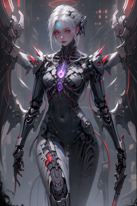  cyborg,mecha,female robot,（Best quality,masterpiece.）1girl,movie lighting, wide angle and super details,  1girl,mechanical_wings,mechanical_angel,science fiction|fantancy,robe,weapen,Glowing red eyes,