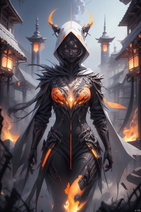 cyborg,mecha,Dark mayan fantasy, shadow assassine, ((black hybrid orange armor, dark smoke emanating from within)), ((mature female, (wide hips), )),(burning eyes:1), hooded cloak of leather material), gold accents, dark underworld/temple background, smooth lighting, soft lighting, masterpiece, 32k UHD resolution, best quality, highres, realistic photo, professional photography, cinematic angle, reflection lights, closed up, ray tracing