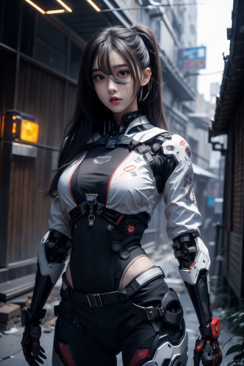  cyborg,mecha,（Best quality,masterpiece.）1girl,movie lighting, wide angle and super details,  1girls,katana,jacket,