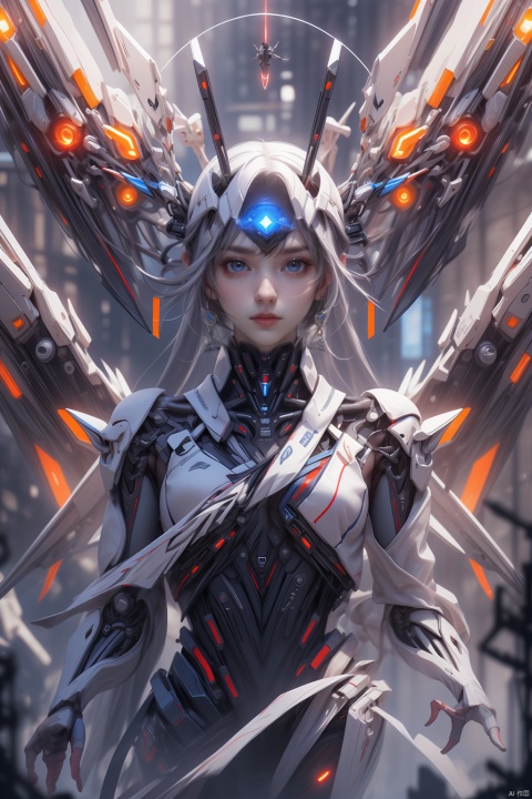  cyborg,mecha,female robot,（Best quality,masterpiece.）1girl,movie lighting, wide angle and super details,  1girl,mechanical_wings,mechanical_angel,science fiction|fantancy,robe,weapen,Glowing red eyes,