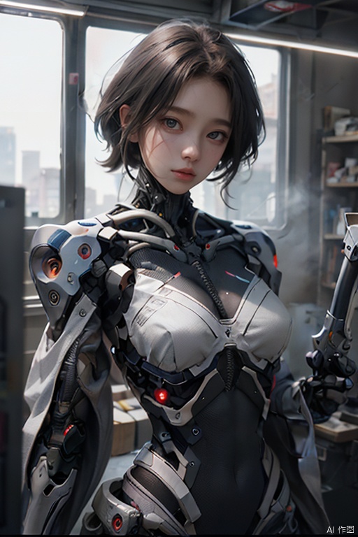  cyborg,mecha,（Best quality,masterpiece.）Super cute girl,movie lighting, wide angle and super details,  1girls,katana,
