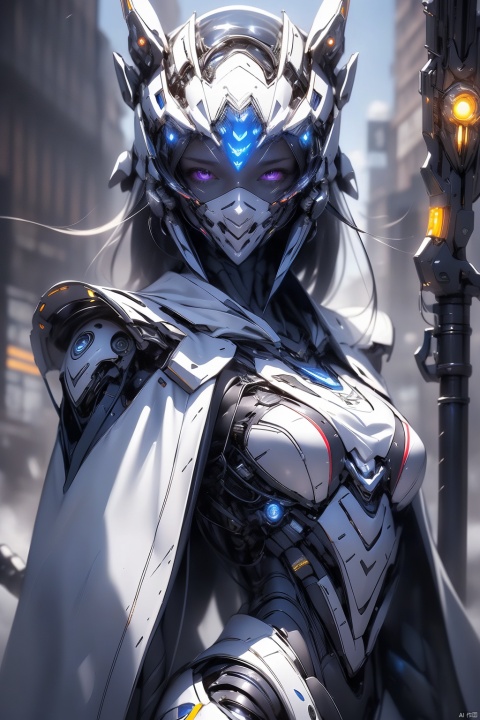  cyborg,mecha,（Best quality,masterpiece.）1girl,movie lighting, wide angle and super details, 1girls,katana,cloak,battlefield,power core,armor,