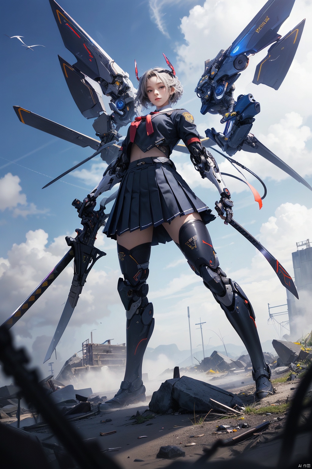  cyborg,mecha,（Best quality,masterpiece.）1girl,movie lighting, wide angle and super details,  1girls,katana,school_uniform,Pleated skirt,mechanical_wings,