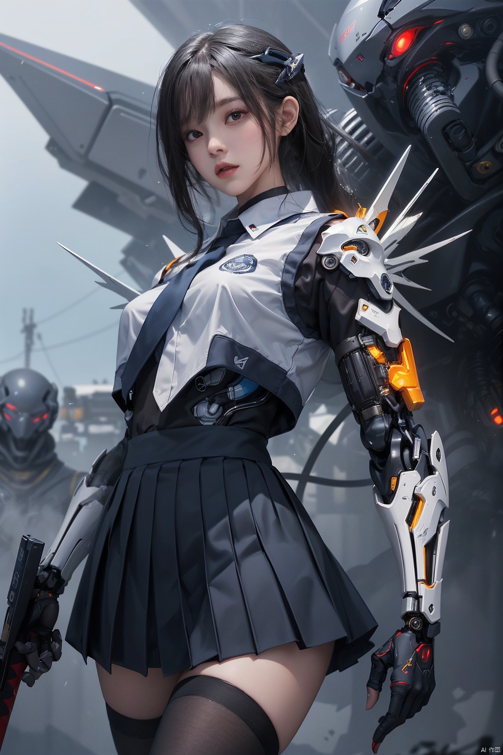  cyborg,mecha,（Best quality,masterpiece.）1girl,movie lighting, wide angle and super details,  1girls,katana,school_uniform,Pleated skirt,mechanical_wings,mechanical_angel,