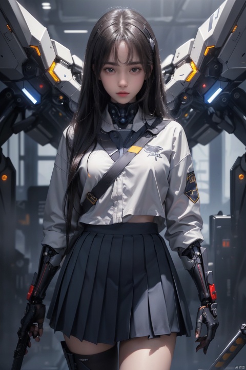  cyborg,mecha,（Best quality,masterpiece.）1girl,movie lighting, wide angle and super details,  1girls,katana,school_uniform,Pleated skirt,mechanical_wings,