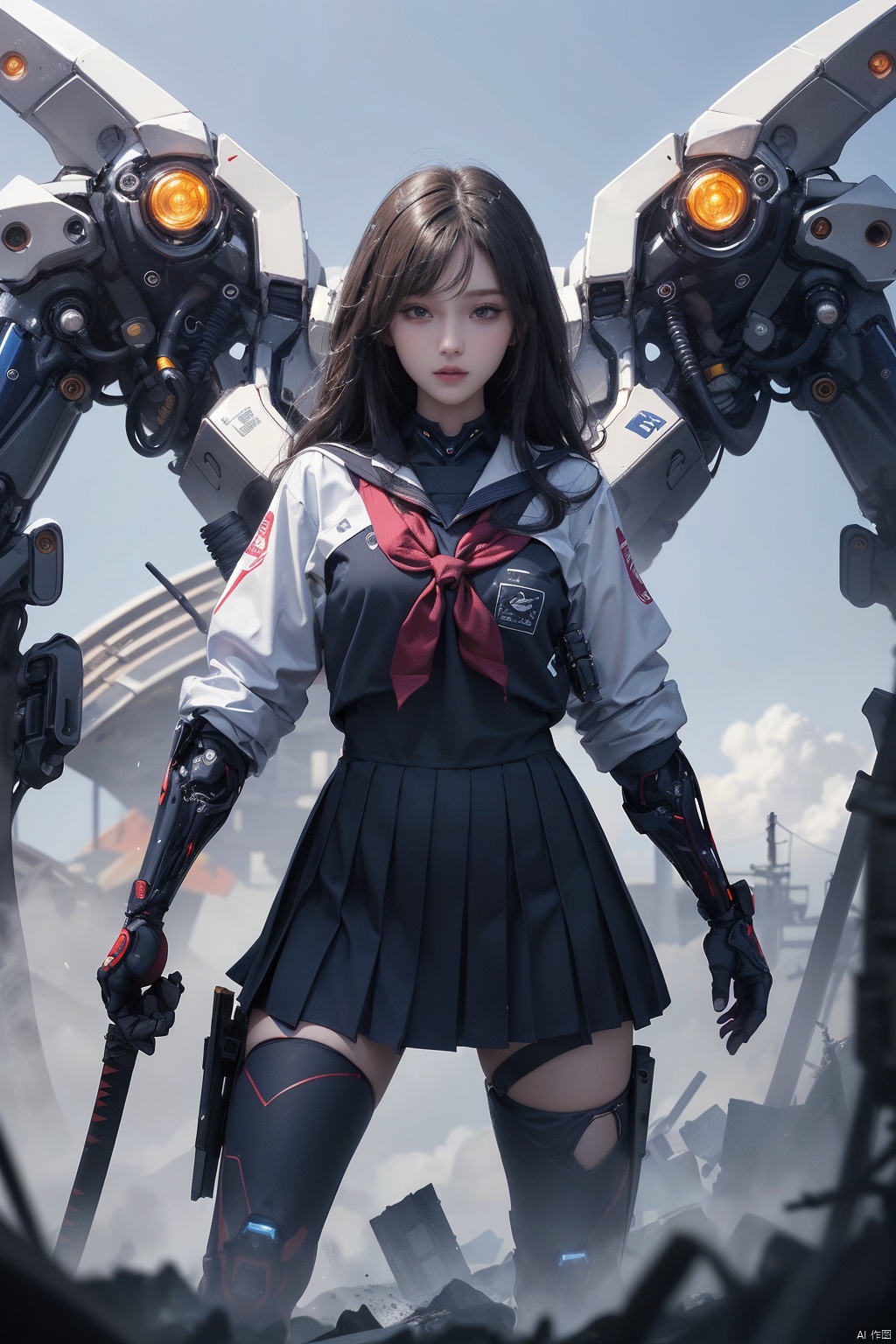  cyborg,mecha,（Best quality,masterpiece.）1girl,movie lighting, wide angle and super details,  1girls,katana,school_uniform,JK,