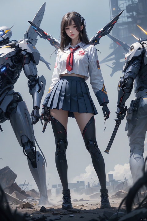  cyborg,mecha,（Best quality,masterpiece.）1girl,movie lighting, wide angle and super details,  1girls,katana,school_uniform,Pleated skirt,mechanical_wings,