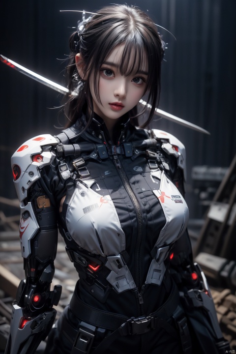  cyborg,mecha,（Best quality,masterpiece.）1girl,movie lighting, wide angle and super details,  1girls,katana,robe,