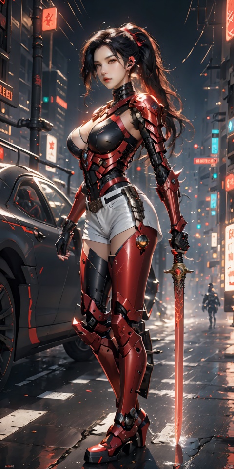 1 girl,solo,standing,full body,black hair with red streaked,long hair,ponytail,cyberpunk earphones,red eyes,look at the camera,underarm exposed,huge boobs,big breasts,dew shoulder,white mechanical breastplate,legs,bare thight,white short shorts,wear mechanical heels,hard surface breastplate,streamlined mecha,sword,flaming_sword,red_sword,holding,holding_sword,extremely detailed CG unity 8k wallpaper,masterpiece,night,glowing,cyberpunk city,skyscrapers,masterpiece,best quality, black quality,masterpiece,best quality,masterpiece,best quality