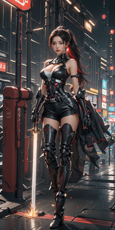 1 girl,solo,standing,full body,black hair with red streaked,long hair,ponytail,cyberpunk earphones,red eyes,look at the camera,underarm exposed,huge boobs,big breasts,dew shoulder,white mechanical breastplate,legs,bare thight,white short shorts,wear mechanical heels,hard surface breastplate,streamlined mecha,sword,flaming_sword,red_sword,holding,holding_sword,extremely detailed CG unity 8k wallpaper,masterpiece,night,glowing,cyberpunk city,skyscrapers,masterpiece,best quality, black quality,masterpiece,best quality,masterpiece,best quality