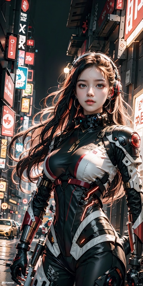 1 young sweet girl,solo,cyberpunk,glowing,black hair with red streaked,long hair,french braid,ponytai,mechanical earphones,cyberpunk earphones,beautiful red eyes,look at the camera,underarm exposed,the white breastplate on the chest,mecha,Hard surface,streamlined mecha,thin body,huge boobs,extremely detailed CG unity 8k wallpaper,masterpiece,(metal collar:1.3),night city background,skyscrapers,masterpiece,bestquality,Standing, black quality,masterpiece,best quality,dark persona,masterpiece,best quality,hold one sword in right hand,best fingers,full body