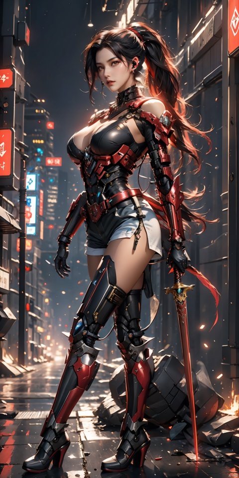 1 girl,solo,standing,full body,black hair with red streaked,long hair,ponytail,cyberpunk earphones,red eyes,look at the camera,underarm exposed,huge boobs,big breasts,dew shoulder,white mechanical breastplate,legs,bare thight,white short shorts,wear mechanical heels,hard surface breastplate,streamlined mecha,sword,flaming_sword,red_sword,holding,holding_sword,extremely detailed CG unity 8k wallpaper,masterpiece,night,glowing,cyberpunk city,skyscrapers,masterpiece,best quality, black quality,masterpiece,best quality,masterpiece,best quality