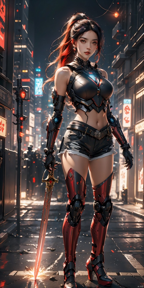 1 girl,solo,standing,full body,black hair with red streaked,long hair,ponytail,cyberpunk earphones,red eyes,look at the camera,underarm exposed,huge boobs,big breasts,dew shoulder,white mechanical breastplate,legs,bare thight,white short shorts,wear mechanical heels,hard surface breastplate,streamlined mecha,sword,flaming_sword,red_sword,holding,holding_sword,extremely detailed CG unity 8k wallpaper,masterpiece,night,glowing,cyberpunk city,skyscrapers,masterpiece,best quality, black quality,masterpiece,best quality,masterpiece,best quality